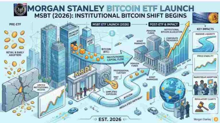 Infographic of Morgan Stanley Bitcoin ETF Launch MSBT (2026) exploring Approval, Fees & Market Impact
