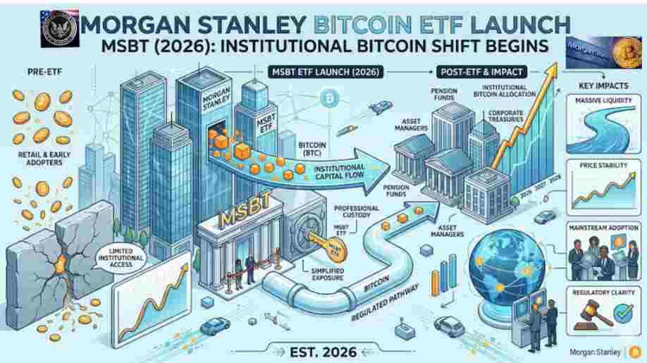Infographic of Morgan Stanley Bitcoin ETF Launch MSBT (2026) exploring Approval, Fees & Market Impact