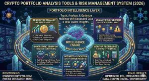 Infographic of Crypto Portfolio Analysis Guide Framework 2026 explaining Portfolio Intelligence Layer profit & loss performance Analysis, & Risk Management System