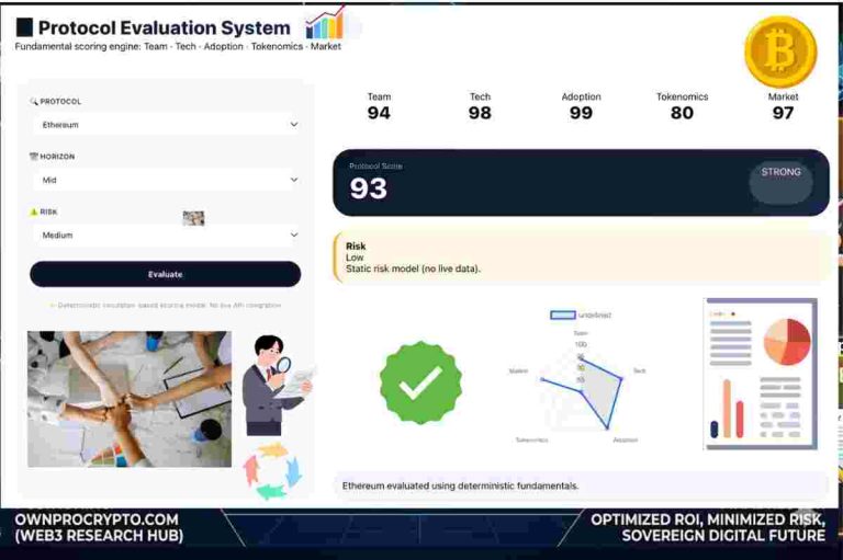 Infographic of Protocol Evaluation System 2026 for Crypto Fundamental Scoring