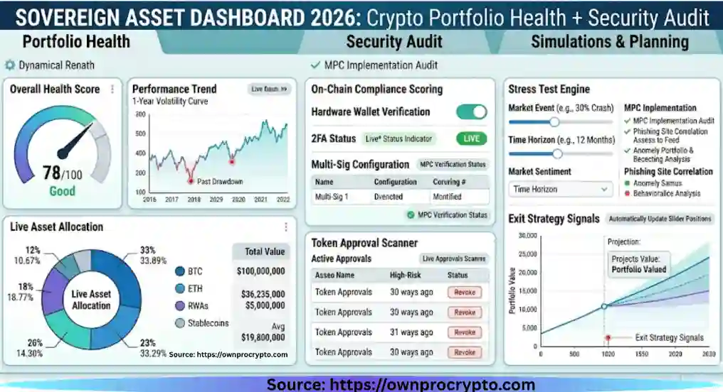 Infographic of Sovereign Asset Dashboard 2026, experience Crypto Portfolio Health + Security Audit.
