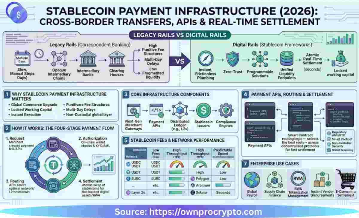 Infographic of Stablecoin Payment Infrastructure (2026): Cross-Border Transfers, APIs & Real-Time Settlement