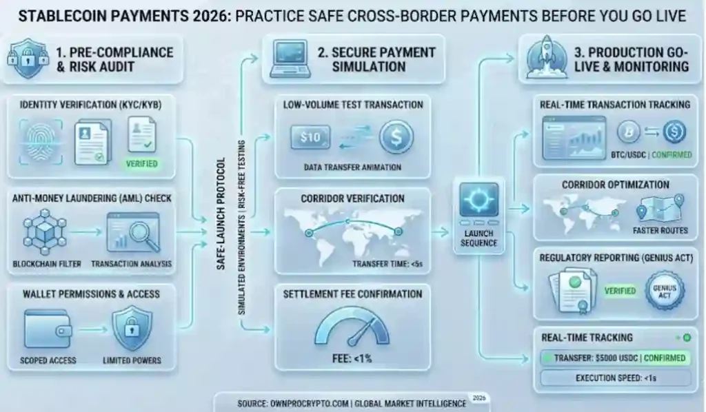Infographic of Stablecoin Payment System 2026. Practice Safe Cross-Border Payments Before You Go Live