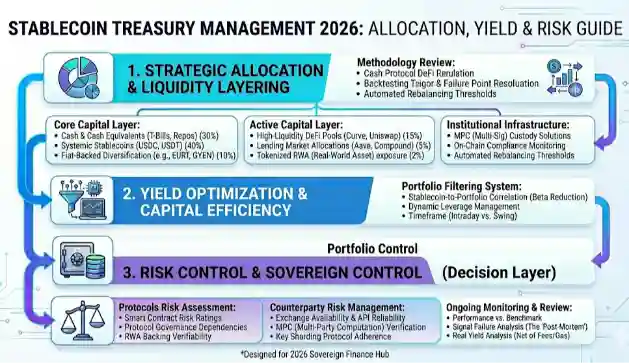 Infographic of Stablecoin Treasury Management 2026: Allocation Strategies, Yield Optimization & Risk Control Guide