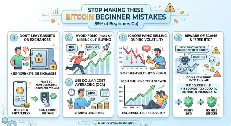 Infographic of Bitcoin Beginner Mistakes (99% of Beginners Do)