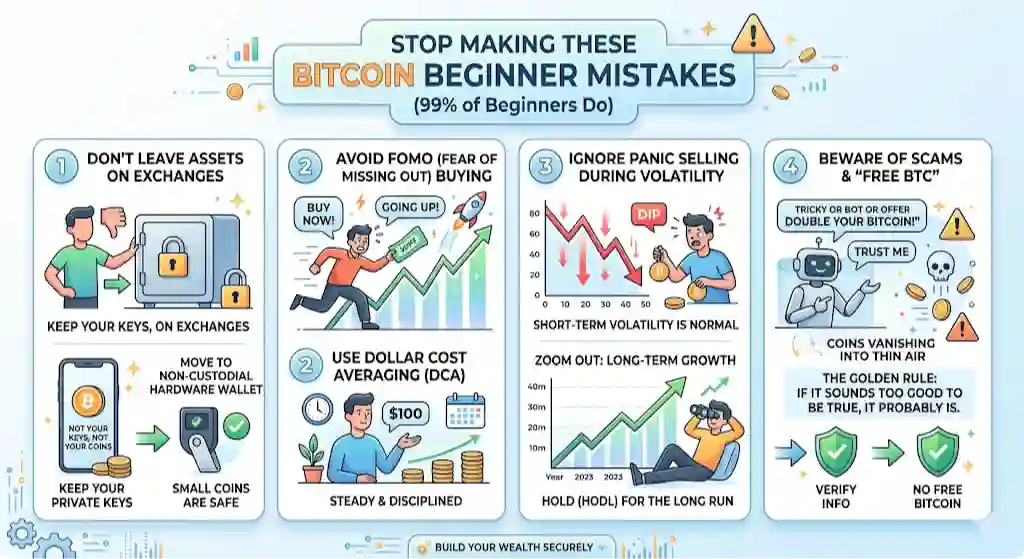 Infographic of Bitcoin Beginner Mistakes (99% of Beginners Do)