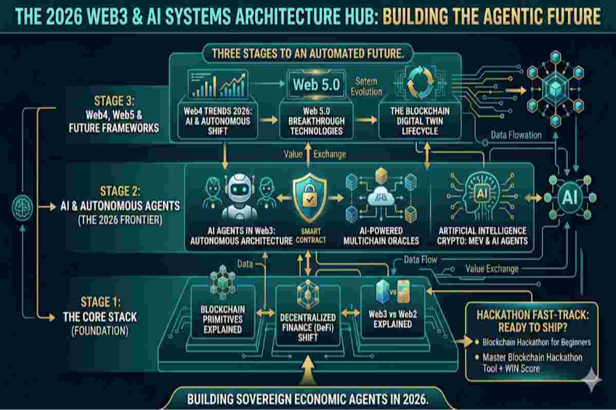 Infographic of Web3 AI Build Guide 2026 Explaining Landing Page of The 2026 Web3 & AI Systems Architecture Hub: Building the Agentic Future