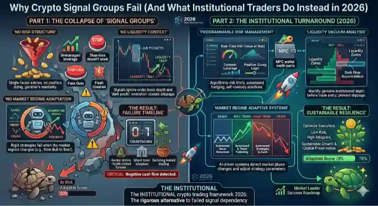 Infographic of Why Crypto Signal Groups Fail (And What Institutional Traders Do Instead in 2026)