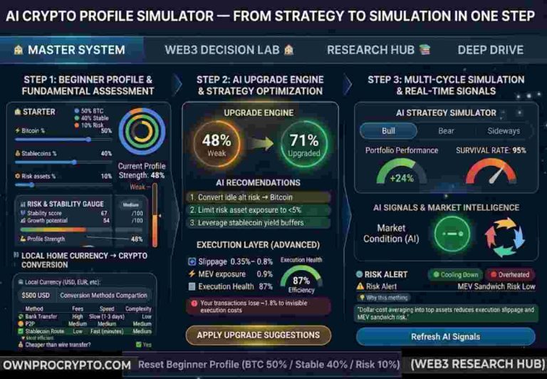 Infographic of AI Crypto Profile Simulator Tool 2026 to Build Smarter Crypto Strategies with AI, Simulation & Risk Scoring in 2026