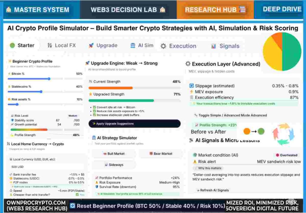 Infographic of AI Crypto Profile Simulator Guide to Build Smarter Crypto Strategies with AI, Simulation & Risk Scoring in 2026