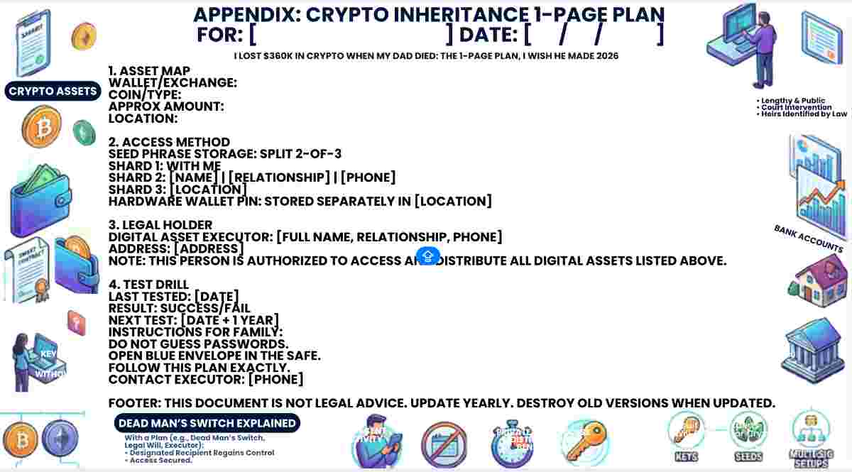 Infographic of I Lost $360K in Crypto When My Dad Died: The 1-Page Plan I Wish He Made: 2026 & Appendix for Dead Man's Switch 2026