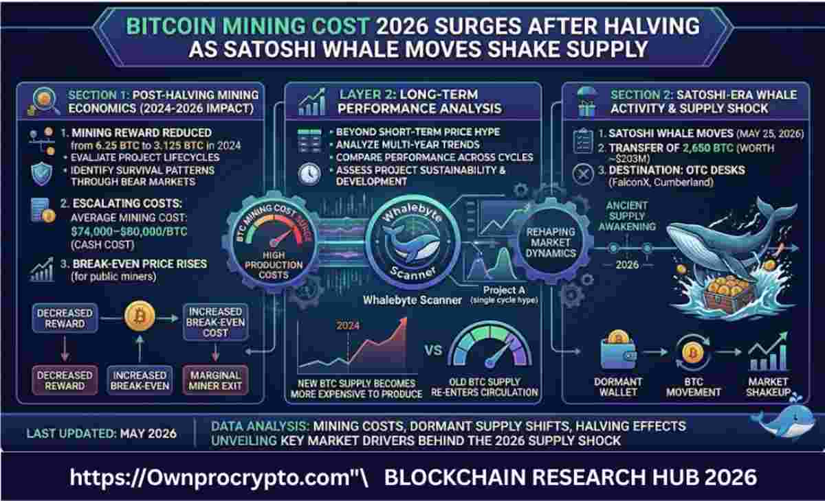 Infographic of Bitcoin Mining Cost 2026 explained Surges After Halving as Satoshi Whale Moves Shake Supply