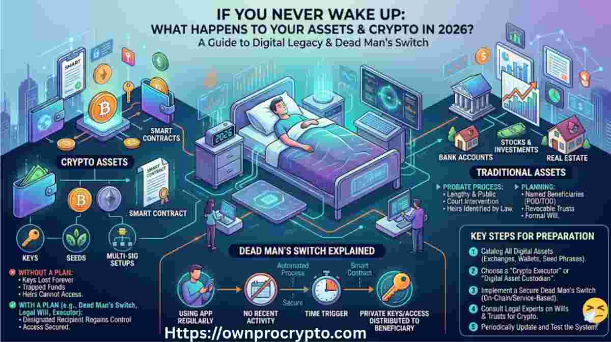 Infographic of What Happens to Your Assets If You Never Wake Up? Crypto Dead Man’s Switch Guide 2026
