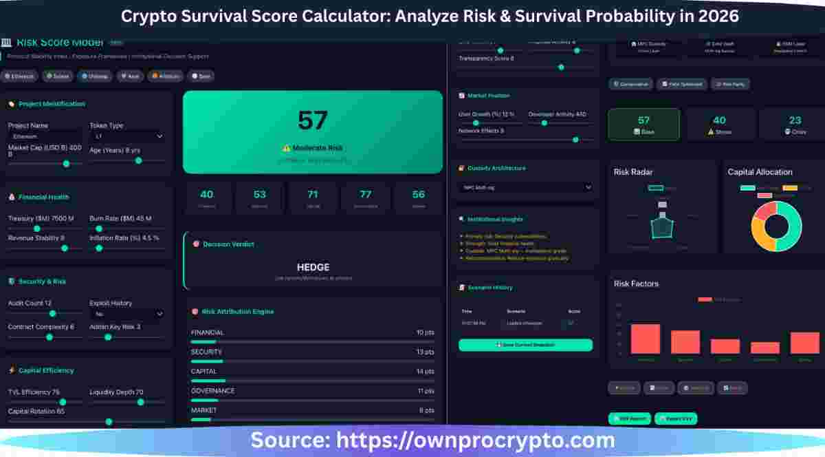 Infographic of Crypto Survivability Framework with Crypto Survival Score Calculator for Analyze Risk & Survival Probability in 2026