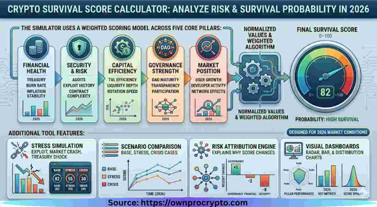 Infographic of Crypto Survival Score Calculator: Analyze Risk & Survival Probability in 2026