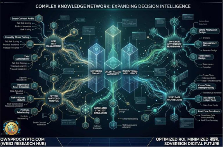 Infographic of Deep Drive (Knowledge Depth) explaining Web3 Mission complex knowledge network expanding from central pillars into multiple branches