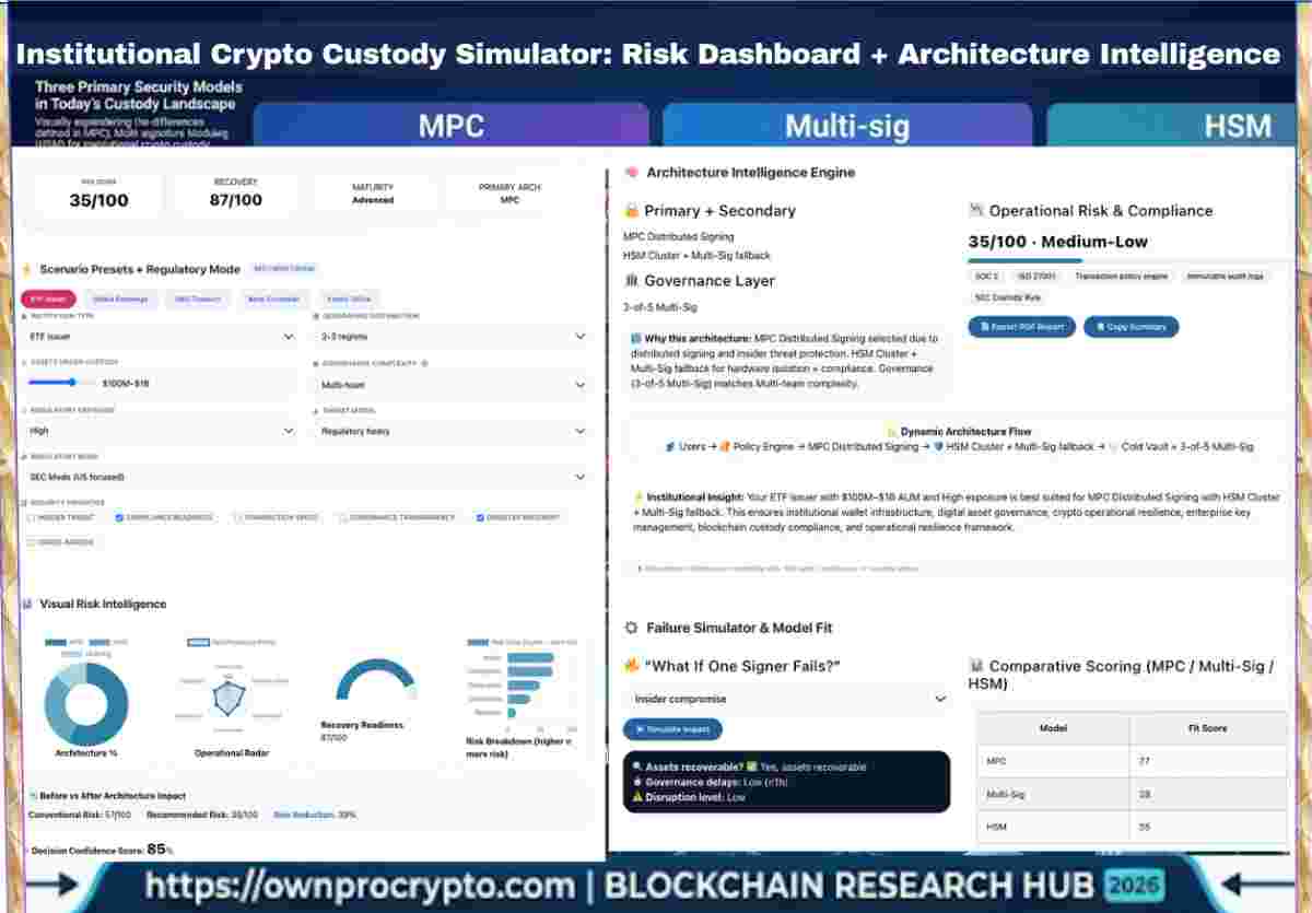 Infographic of Institutional Crypto Custody 2026 Explaining MPC vs Multi-Sig vs HSM Security Architecture