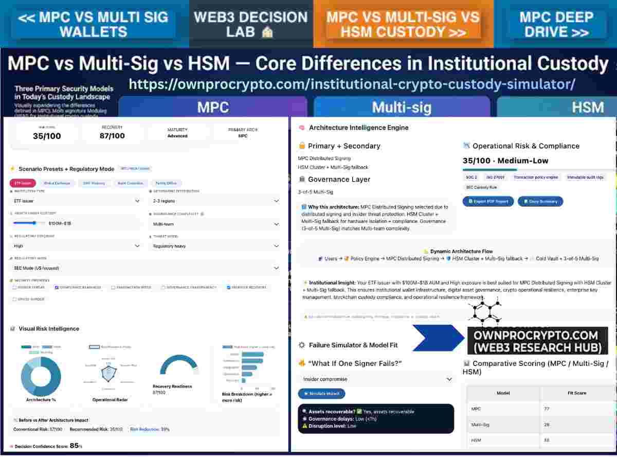 Infographic of Institutional Crypto Custody 2026 Explaining MPC vs Multi-Sig vs HSM Security Architecture
