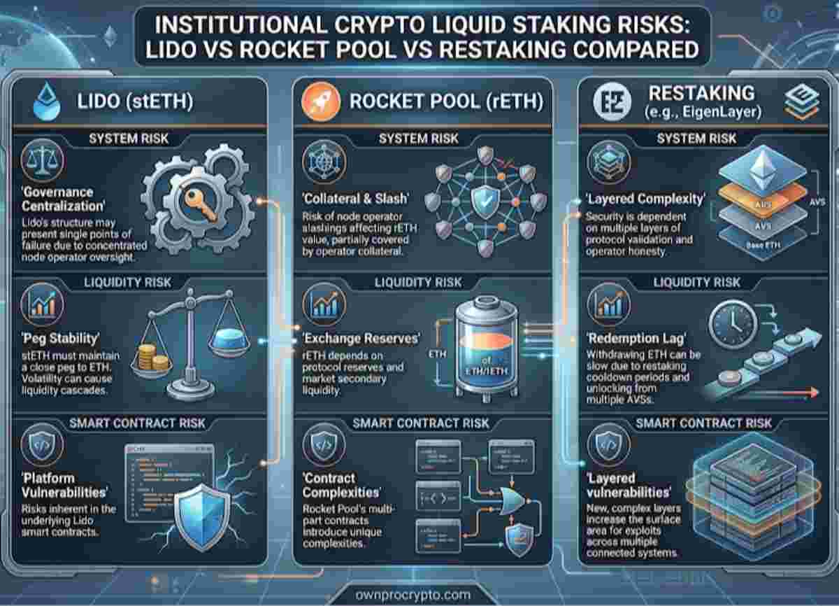 Infographic of Institutional Crypto Liquid Staking Risks: Lido vs Rocket Pool vs Restaking Compared in 2026
