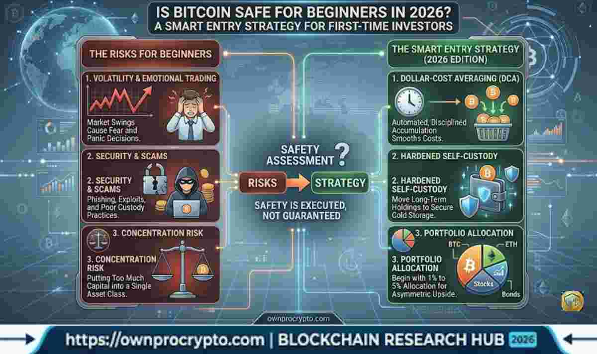 Infographic of Is Bitcoin Safe for Beginners in 2026? A Smart Entry Strategy for First-Time Investors