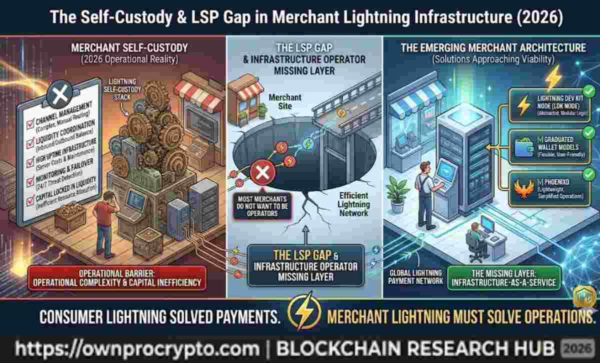 Infographic of Merchant Lightning Infrastructure (2026) explained The Self-Custody & LSP Gap