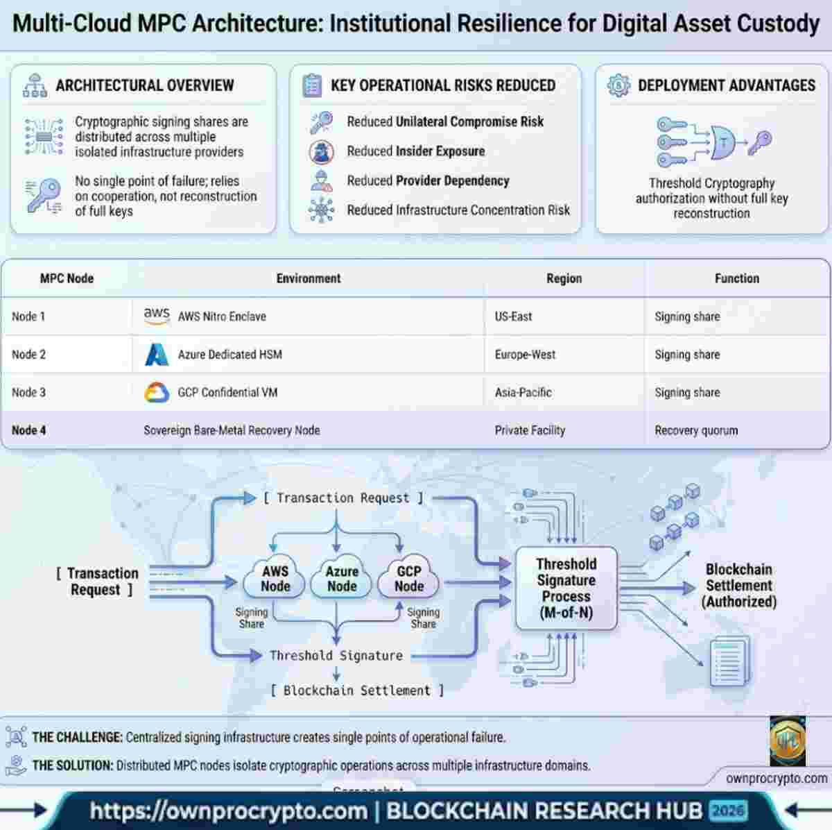 Infographic of Multi-Cloud MPC Architecture explained Institutional Resilience for Digital Asset Custody in 2026