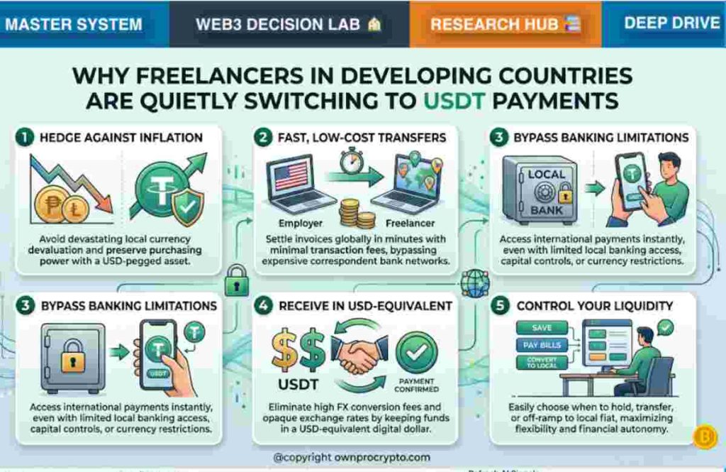 Infographic of Stablecoin:USDT payments for freelancers explaining Why Freelancers in Developing Countries Are Quietly Switching to USDT Payments