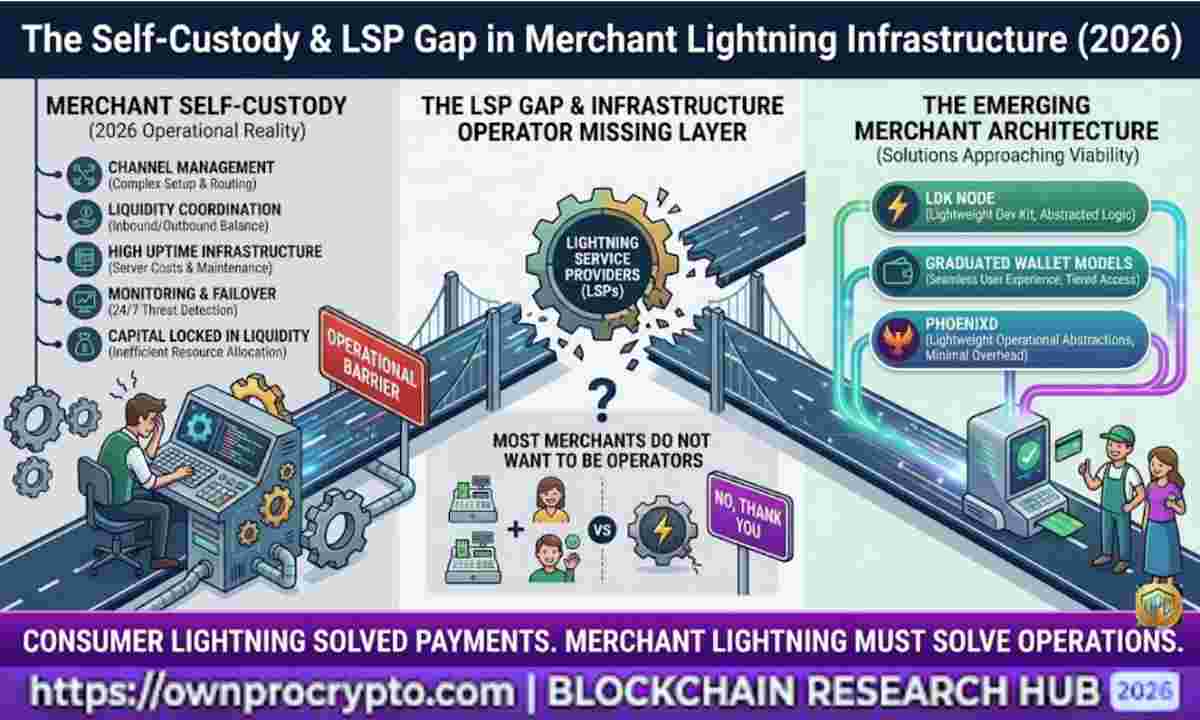 Infographic of Merchant Lightning Capital Simulator (2026) explained The Self-Custody & LSP Gap