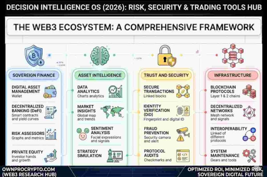 Web3 Ecosystem- A comprehensive framework explaining Web3 framework diagram divided into four sections,Sovereign Finance, Asset Intelligence, Trust and Security, Infrastructure