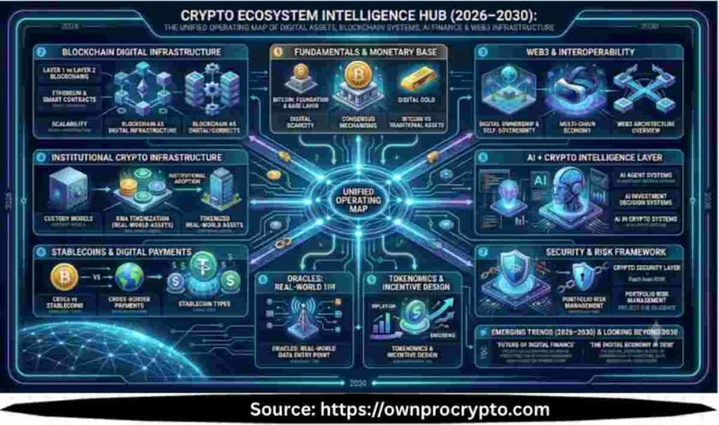 Infographic of Crypto Ecosystem Intelligence Hub (2026–2030)