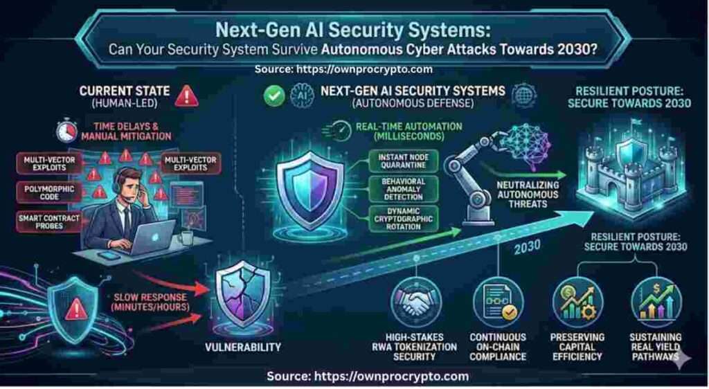 Infographic of Next-Gen AI Security Systems. Can Your Infrastructure Survive Autonomous Cyber Attacks Towards 2030?