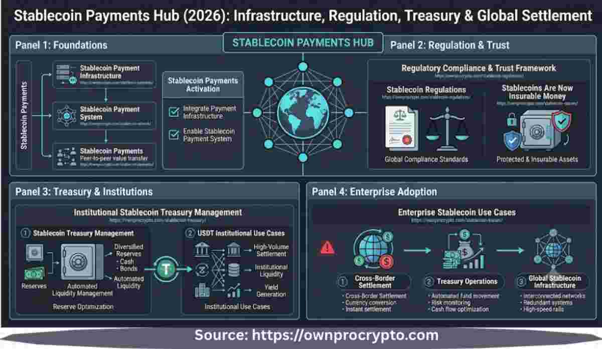 Infographic Image of Stablecoin Payments Hub (2026) Explained Infrastructure, Regulation, Treasury & Global Settlement