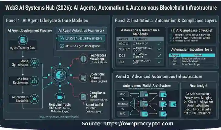 Infographic of Web3 AI Systems Hub (2026) explained AI Agents, Automation & Autonomous Blockchain Infrastructure