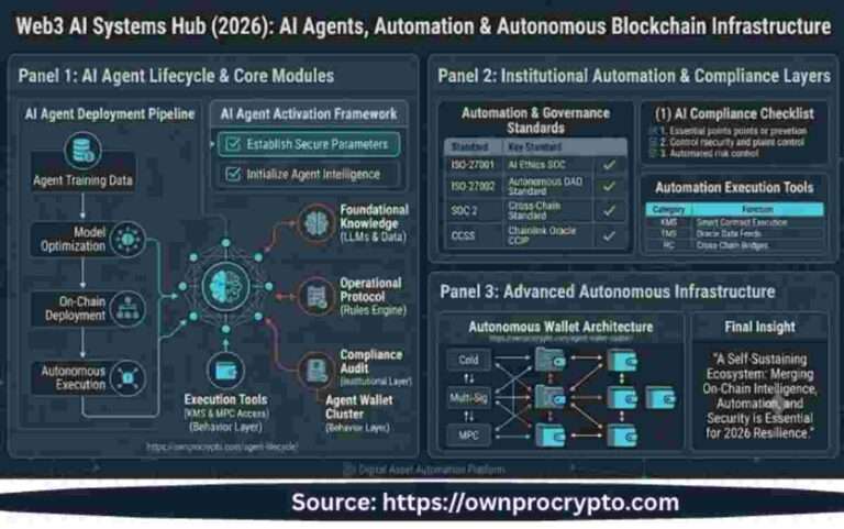 Infographic of Web3 AI Systems Hub (2026) explained AI Agents, Automation & Autonomous Blockchain Infrastructure