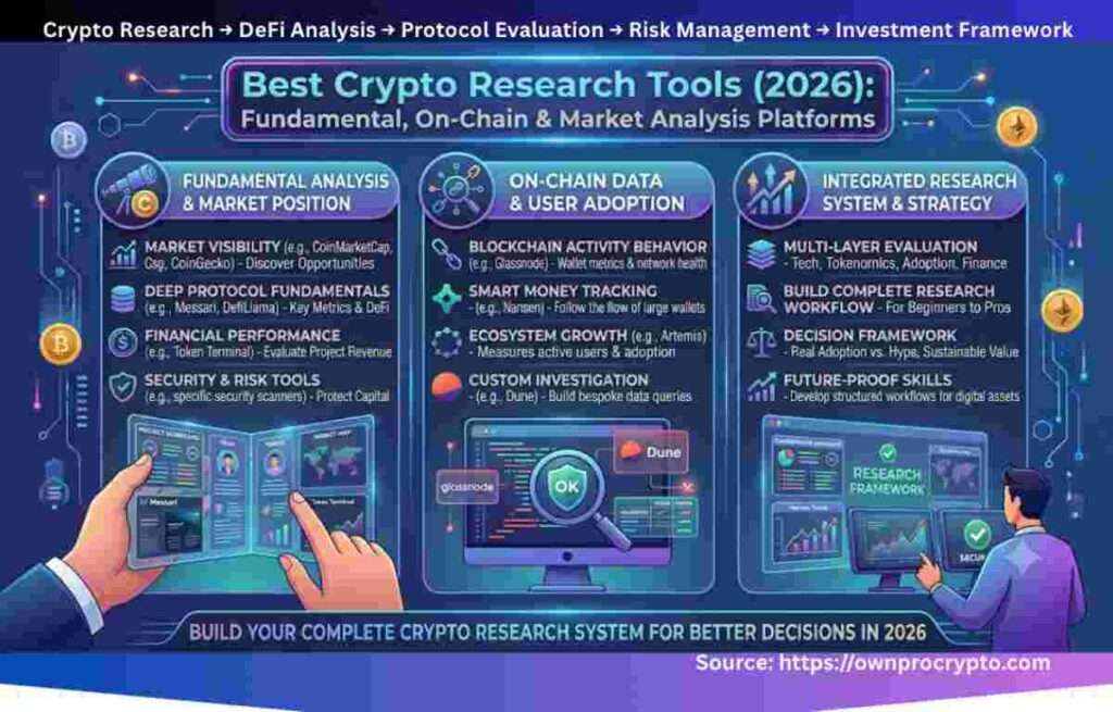 Infographic of Best Crypto Research Tools (2026)- Fundamental, On-Chain & Market Analysis Platforms