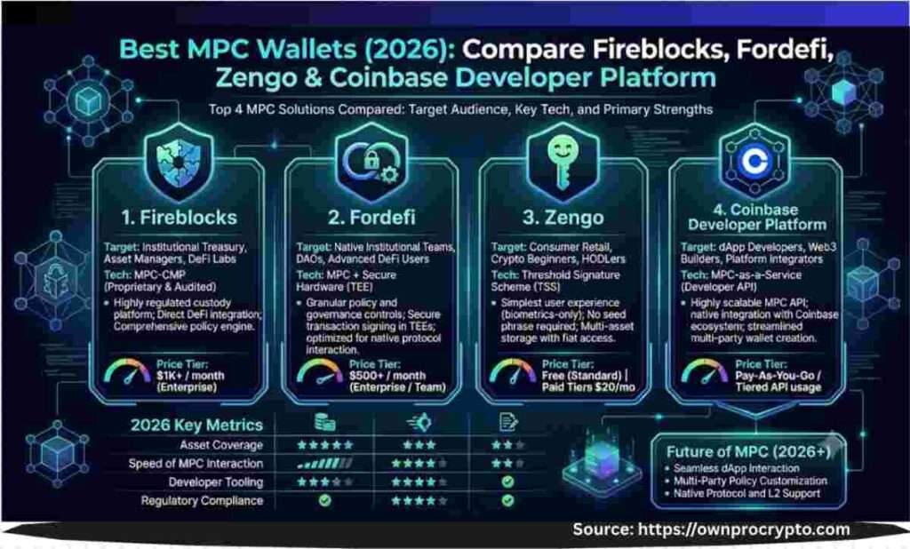 Infographic of Best MPC Wallets (2026)- Compare Fireblocks, Fordefi, Zengo & Coinbase Developer Platform