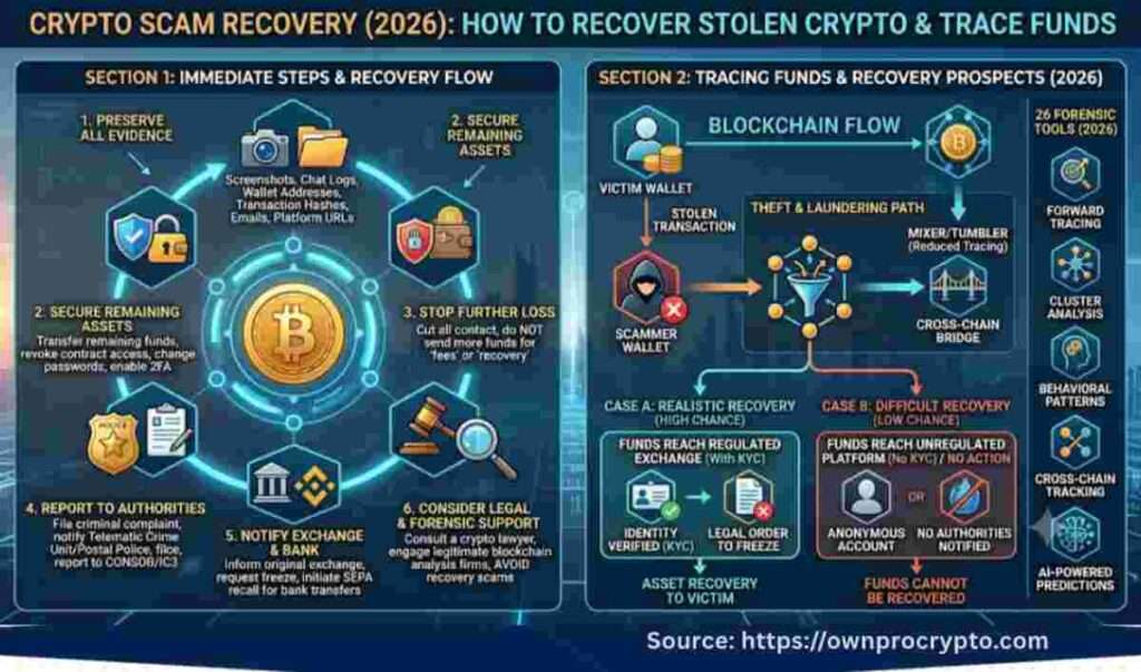 Infographic of Crypto Scam Recovery (2026): How to Recover Stolen Crypto & Trace Funds