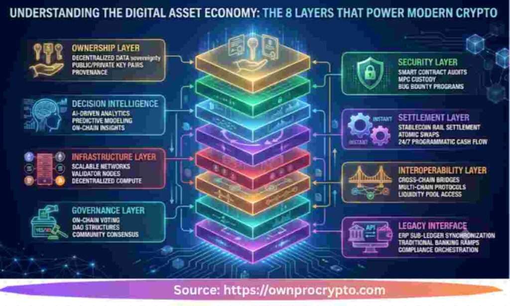 Infographic Image of Digital Asset Economy Explained: 8 Layers of Modern Crypto Architecture (2026)