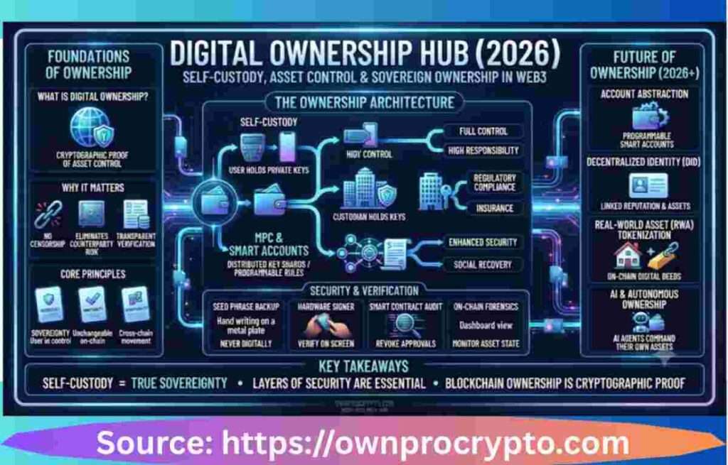 Infographic of Digital Ownership Hub: Self-Custody, Asset Control & Sovereign Ownership in Web3 (2026)