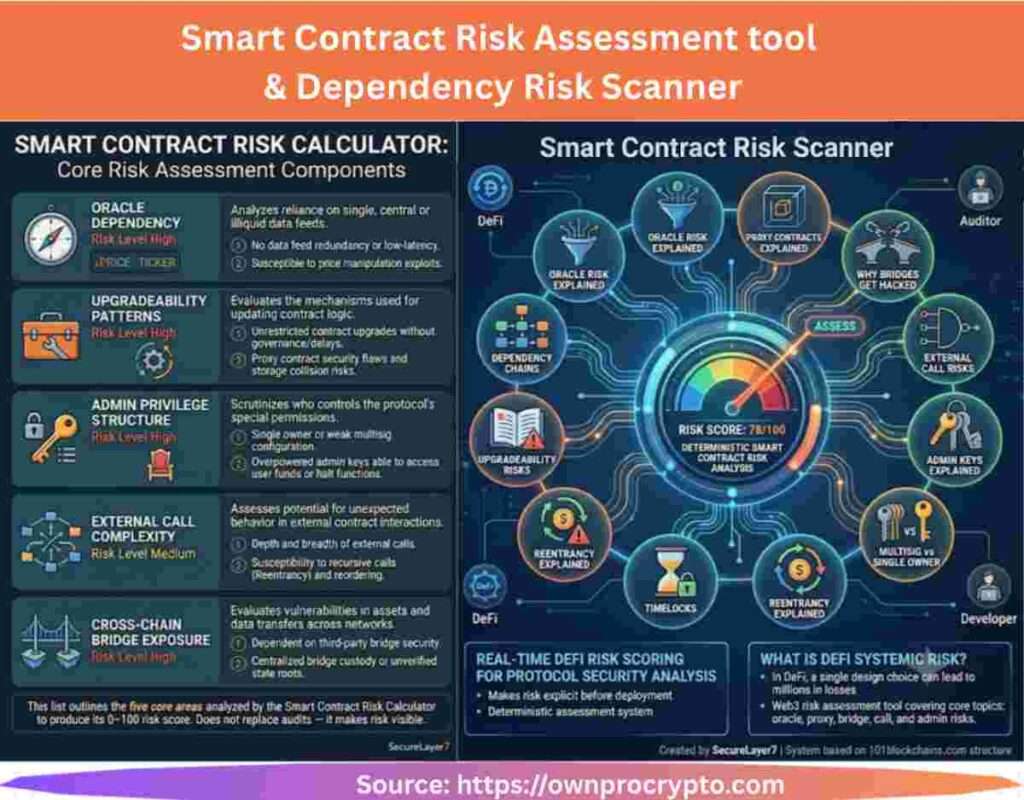 Infographic of Smart Contract Risk Assessment tool, & Dependency Risk Scanner (2026)