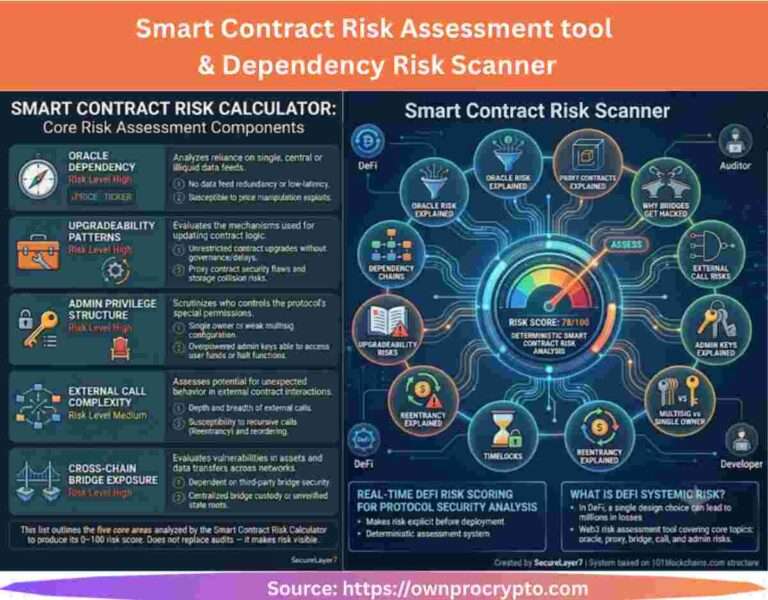 Infographic of Smart Contract Risk Assessment tool, & Dependency Risk Scanner (2026)