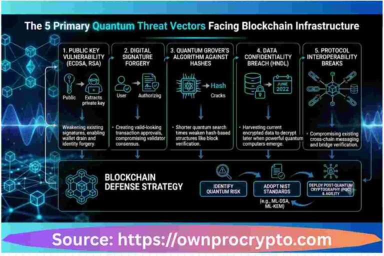 Infographic of The 5 Primary Quantum Threat Vectors Facing Blockchain Infrastructure (2026)