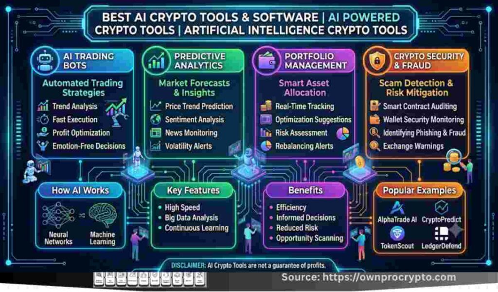 Infographic of Best AI Crypto Tools (2026),AI Crypto Software,AI Powered Crypto Tools,Artificial Intelligence Crypto Tools