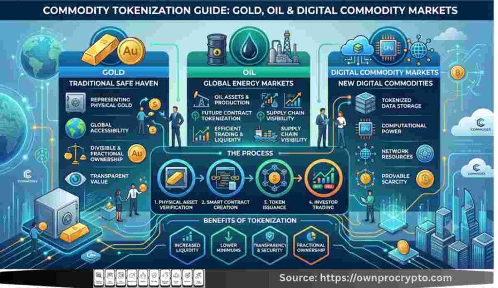 Infographic of Commodity Tokenization 2026 Guide: Gold, Oil & Digital Commodity Markets