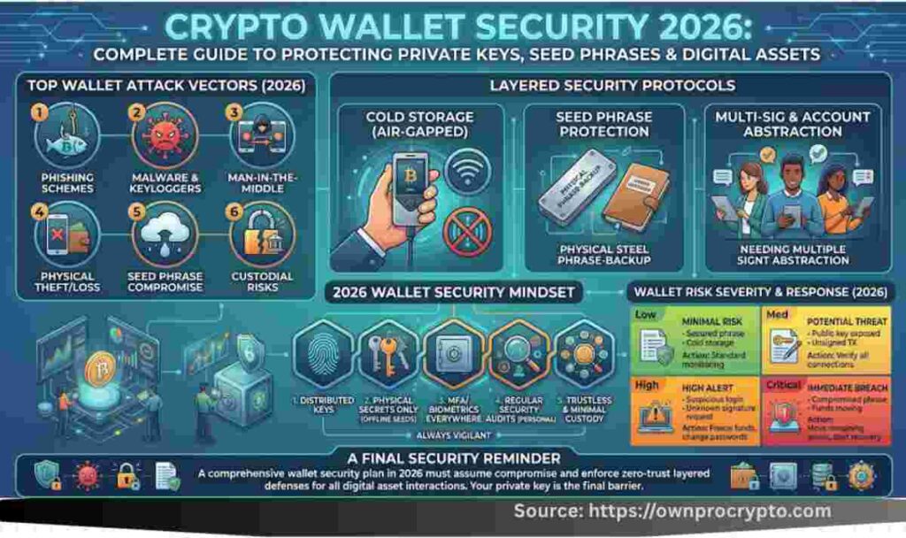 Infographic of Crypto Wallet Security 2026: Complete Guide to Protecting Private Keys, Seed Phrases & Digital Assets