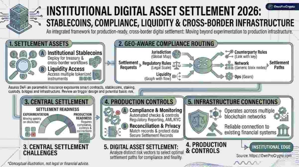 Infographic of Institutional Digital Asset Settlement 2026- Stablecoins, Compliance, Liquidity & Cross-Border Infrastructure