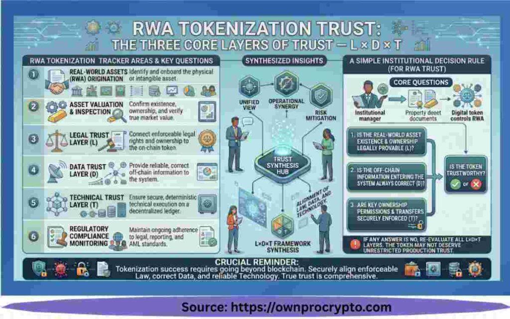 Infographic of RWA Tokenization Trust: The Three Core Layers of Trust — L × D × T Explained in 2026