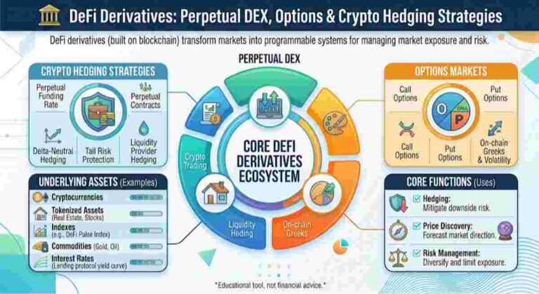 Infographic of DeFi Derivatives- Perpetual DEX, Options & Crypto Hedging Strategies