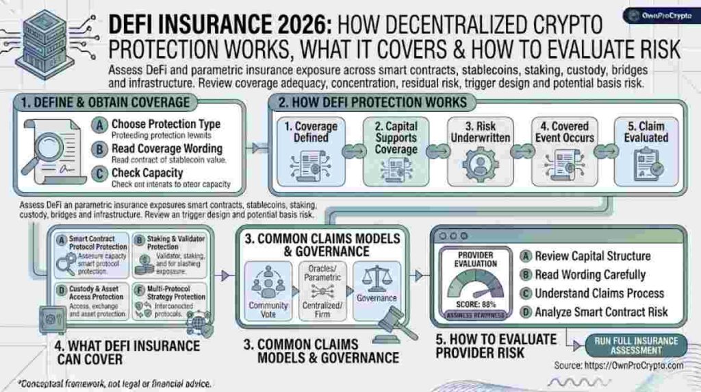 Infographic of DeFi Insurance 2026- How Decentralized Crypto Protection Works, What It Covers & How to Evaluate Risk