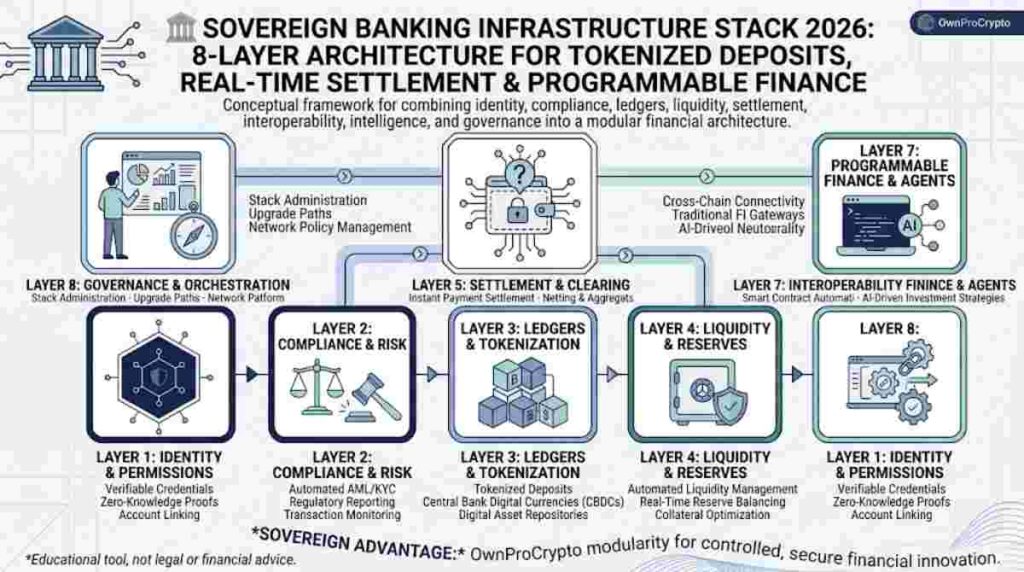 Infographic of Sovereign Banking Infrastructure Stack- Modular Financial Systems for Real-Time Global Banking Execution